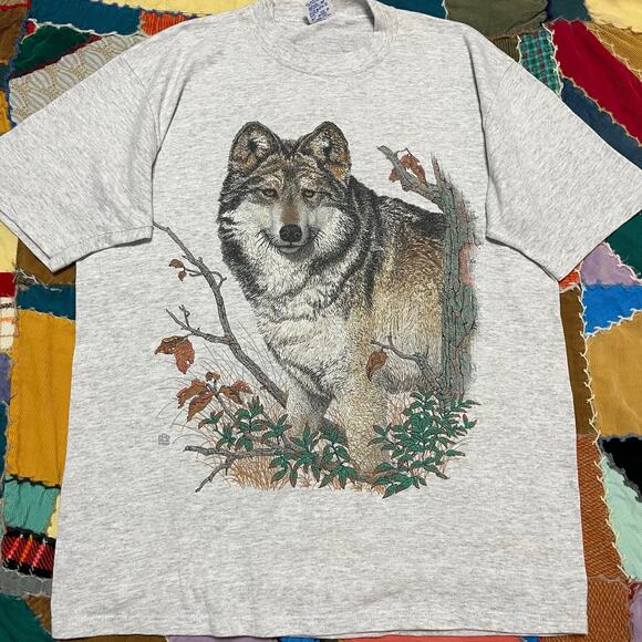 Vintage 90s Jerzees Wolf Nature Graphic White/Grey Shirt XL - Picture 1 of 7